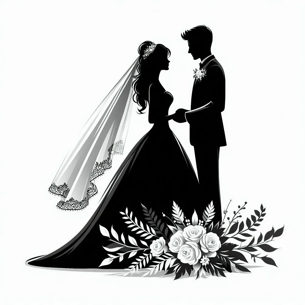 Black and White Silhouette of Bride and Groom Holding Hands with Floral Accents