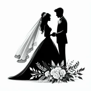 Black and White Silhouette of Bride and Groom Holding Hands with Floral Accents