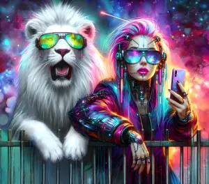 Cyberpunk Woman and White Lion with Neon Sunglasses Taking Selfie