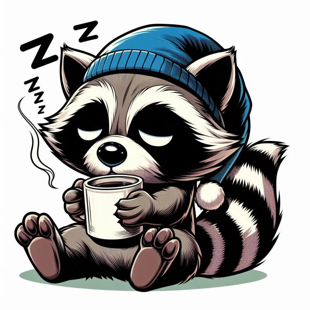 Sleepy Raccoon Wearing Blue Nightcap Drinking Coffee Illustration