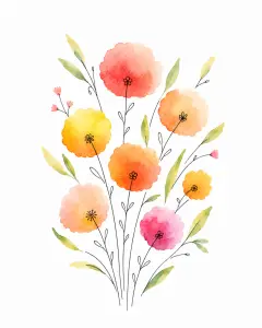 Watercolor illustration of colorful wildflowers with leaves