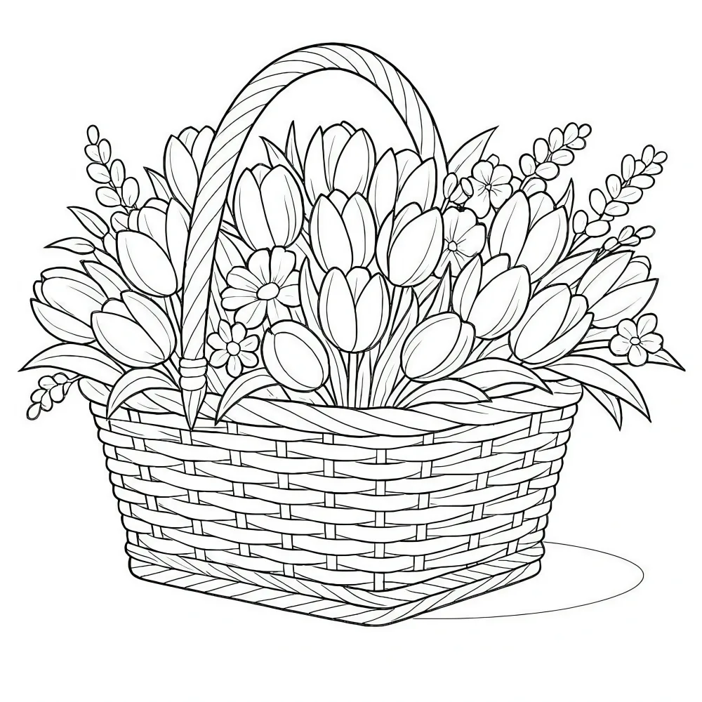 Black and White Line Art of Flower Basket with Tulips and Daisies