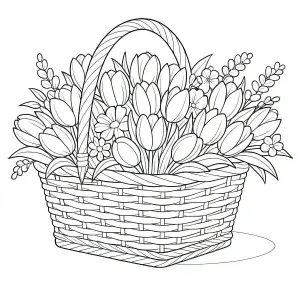 Black and White Line Art of Flower Basket with Tulips and Daisies