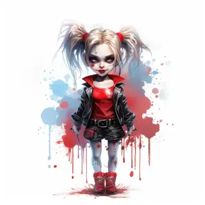 Chibi Harley Quinn Digital Art on Splattered Background