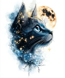 Artistic Cat Illustration with Moon and Starry Night
