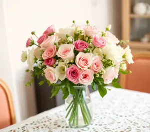 Bouquet of Pink and White Roses in Glass Vase on Table