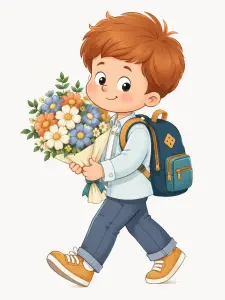 Cute Boy Carrying Bouquet with Backpack Illustration