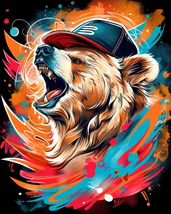 Vibrant Digital Illustration of Roaring Bear Wearing Cap