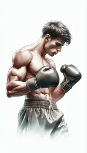 Muscular Male Boxer in Boxing Stance with Gloves
