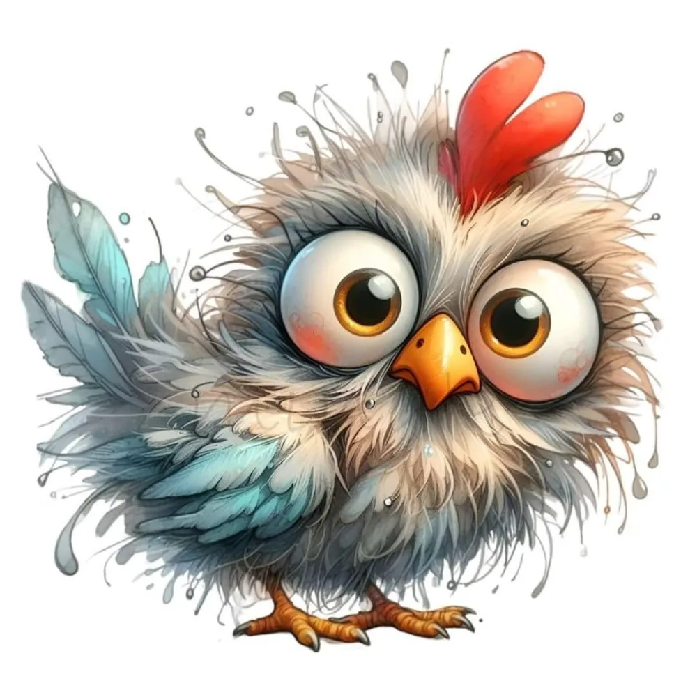 Wide-Eyed Cartoon Chick with Fluffy Feathers