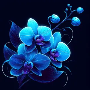 Blue Neon Orchid Flowers with Buds on Dark Background