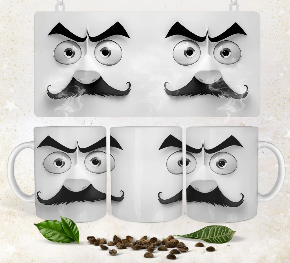 Set of White Coffee Mugs with Funny Mustache and Angry Face Design