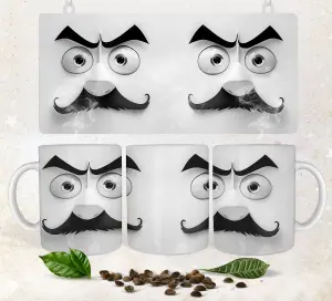 Set of White Coffee Mugs with Funny Mustache and Angry Face Design