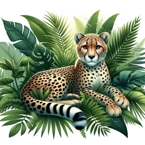 Cheetah Resting Among Lush Tropical Foliage