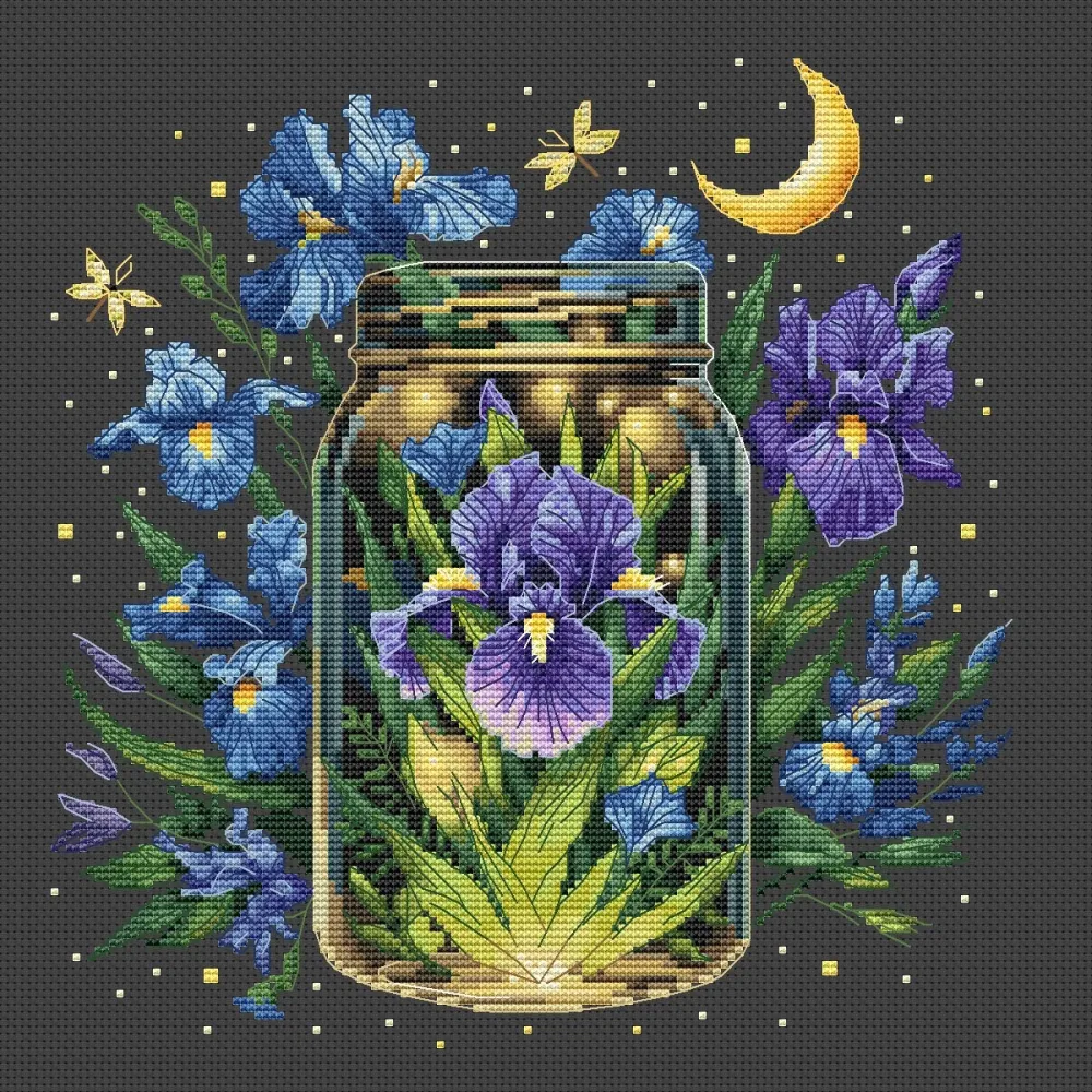 Cross-Stitch Art of Purple Irises in Glass Jar with Crescent Moon