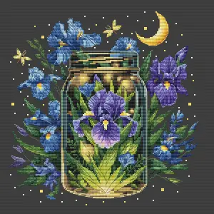 Cross-Stitch Art of Purple Irises in Glass Jar with Crescent Moon
