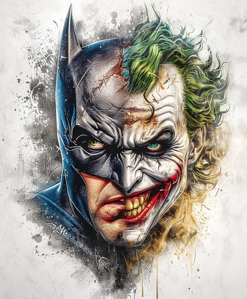 Artistic Split Portrait of Batman and Joker