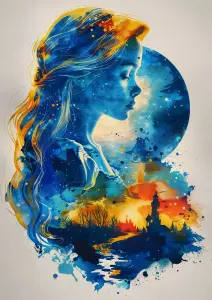 Surreal Portrait of Woman with Night Sky and Cityscape Elements