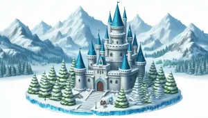 Snowy Mountain Fortress with Blue-Topped Towers