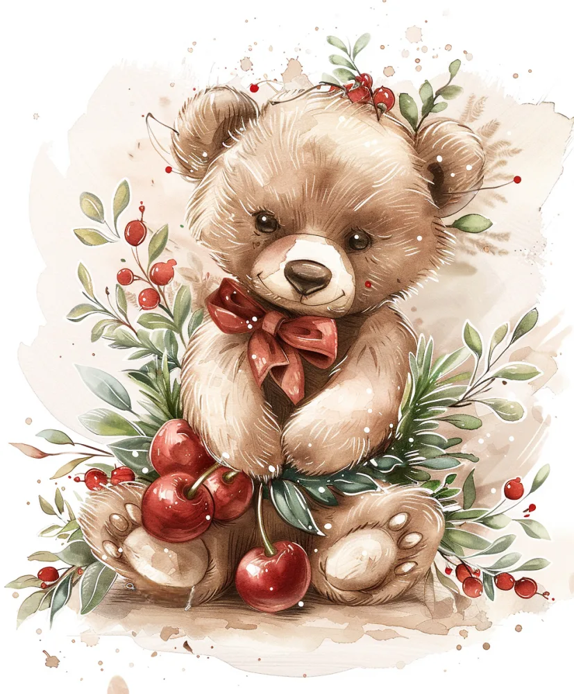 Cute Teddy Bear with Red Bow and Cherries Illustration