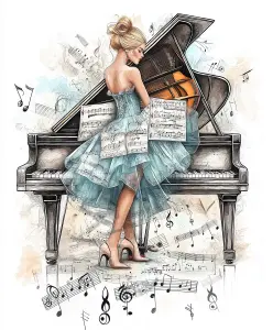 Elegant Woman Playing Grand Piano with Floating Musical Notes