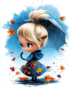 Cute Cartoon Girl with Umbrella in Autumn Rain