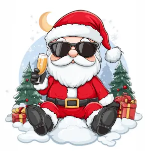 Cool Santa Claus Wearing Sunglasses Sitting in Snow with Champagne