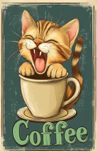 Cute Cartoon Cat Yawning Inside Coffee Cup Illustration