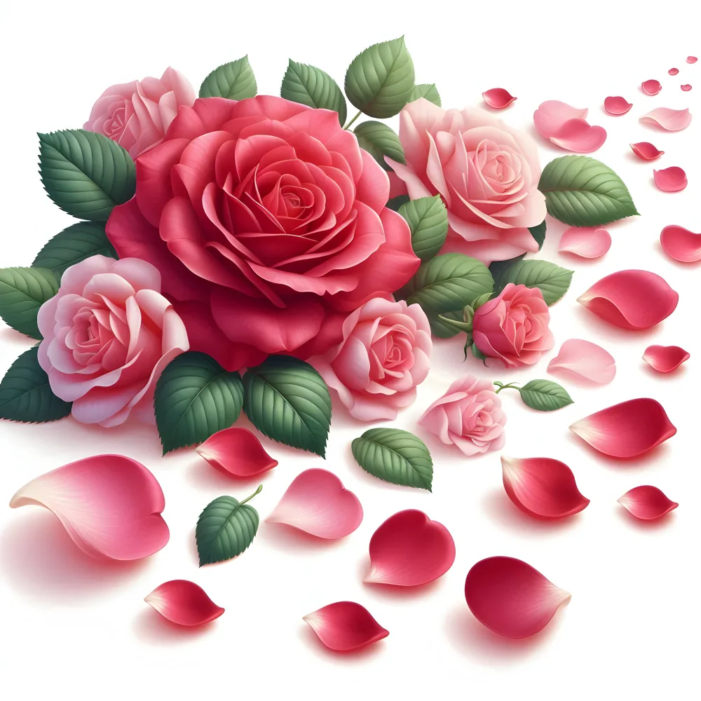 Arrangement of Pink and Red Roses with Scattered Petals