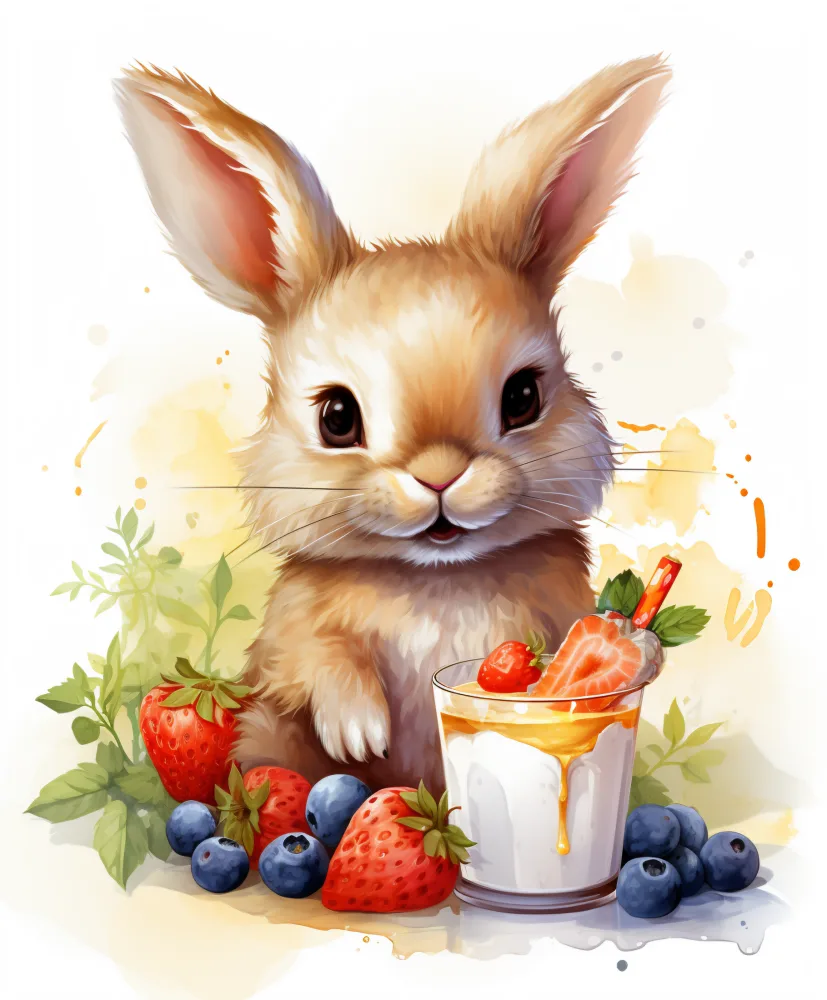 Cute Bunny with Strawberries, Blueberries, and Yogurt