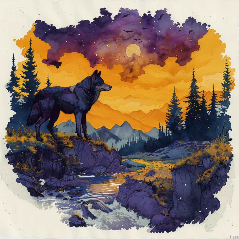 Illustration of a Black Wolf by a River with Orange Sky and Purple Mountains
