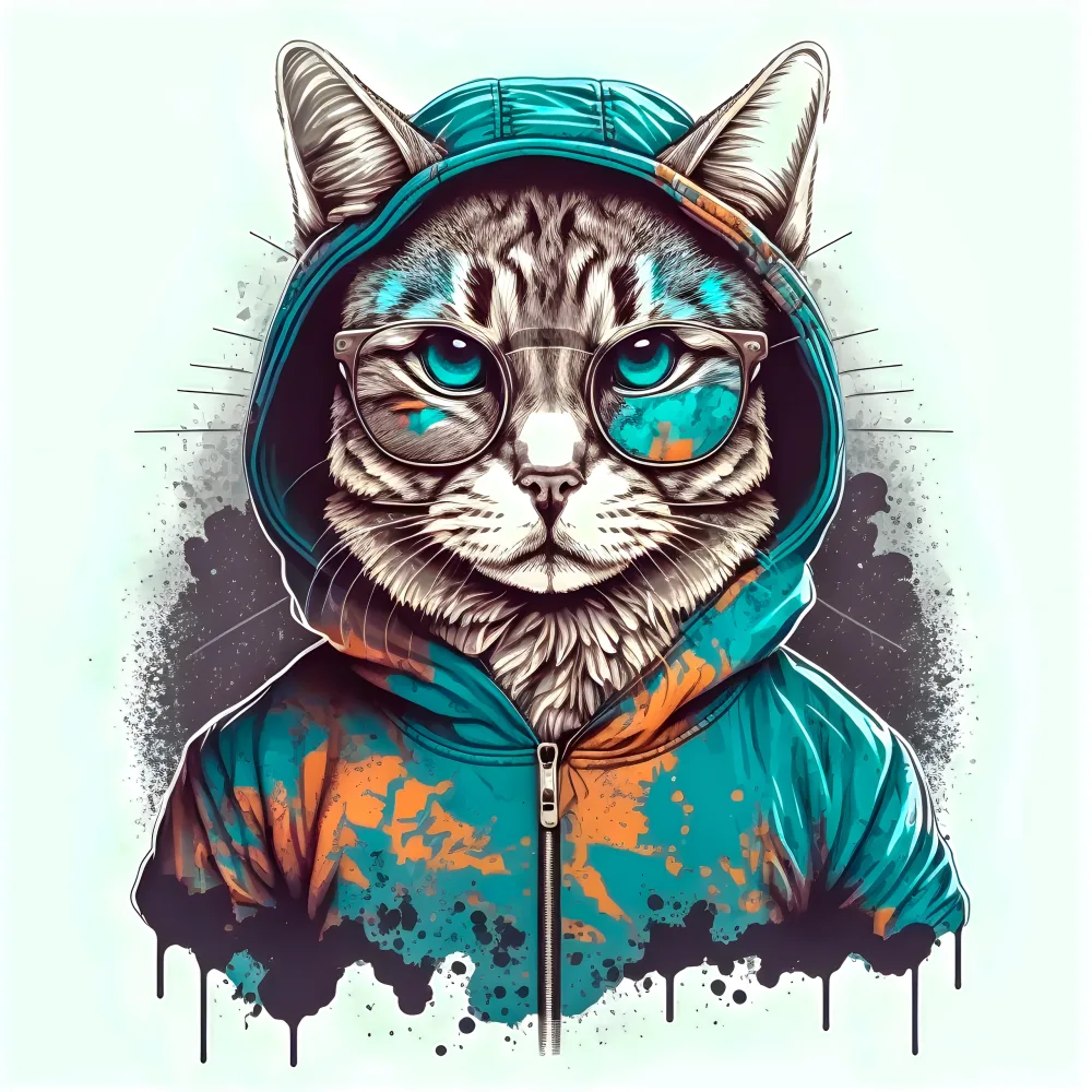 Stylized Cat Wearing Hoodie and Glasses Digital Art