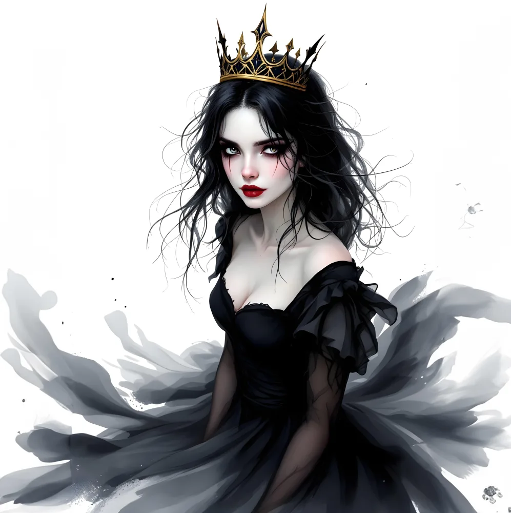 Portrait of a Gothic Queen in a Black Dress and Crown