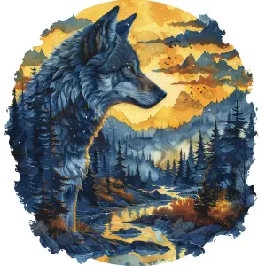 Artistic Wolf Silhouette with Forest and Mountain Landscape at Sunset