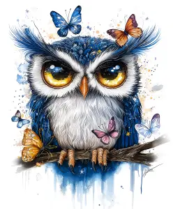 Colorful Owl with Butterflies Sitting on a Branch