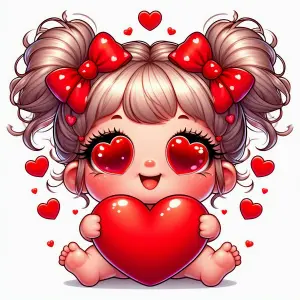 Cute Cartoon Baby Holding Heart with Love Eyes and Red Bows