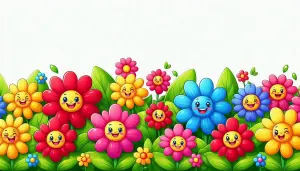 Colorful Cartoon Flowers with Smiling Faces and Green Leaves