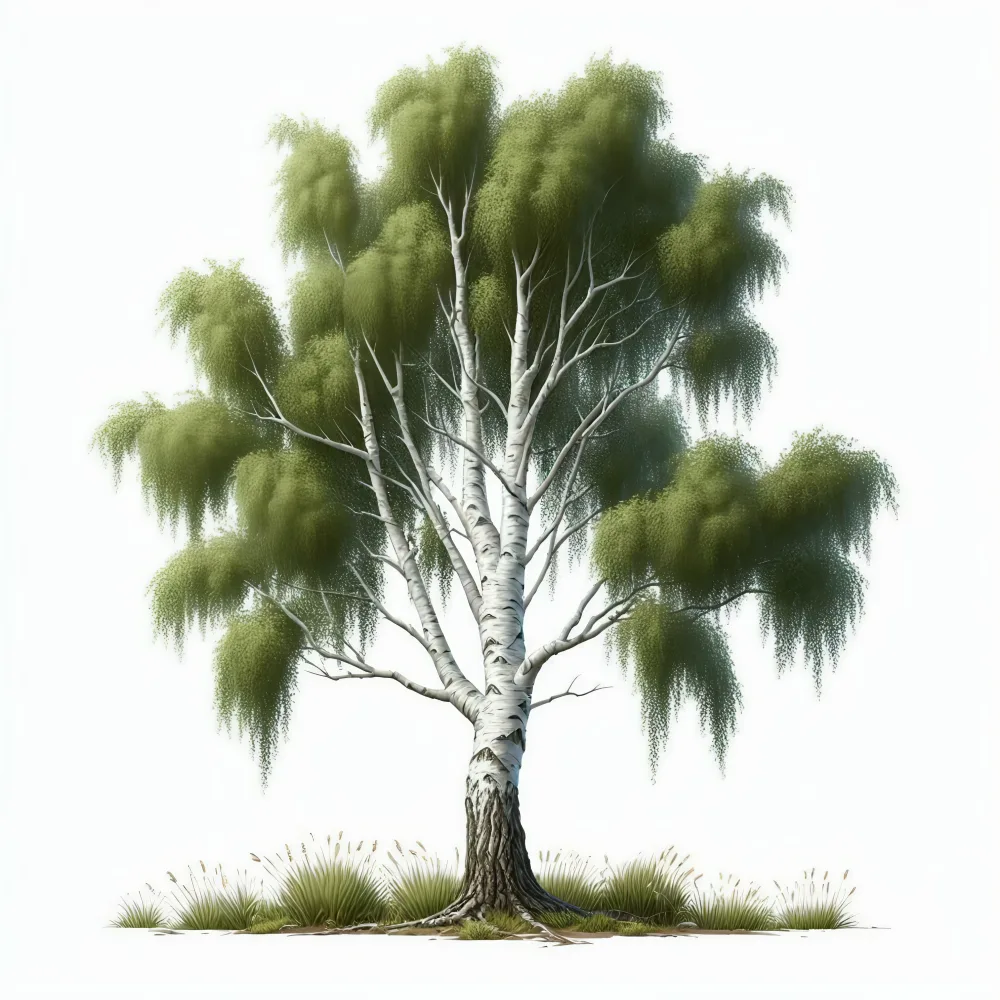 Mature Birch Tree with Lush Green Leaves and Grass Base