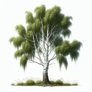 Mature Birch Tree with Lush Green Leaves and Grass Base