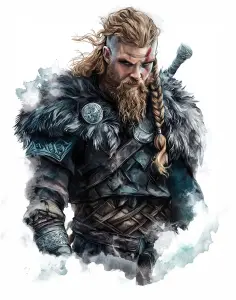 Illustration of fierce Viking warrior with braided beard and fur armor