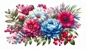 Colorful Floral Bouquet with Pink, Blue, and White Flowers and Green Leaves