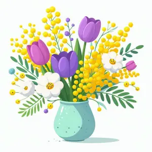 Colorful Bouquet of Purple Tulips, Yellow Mimosa, and White Flowers in Blue Vase