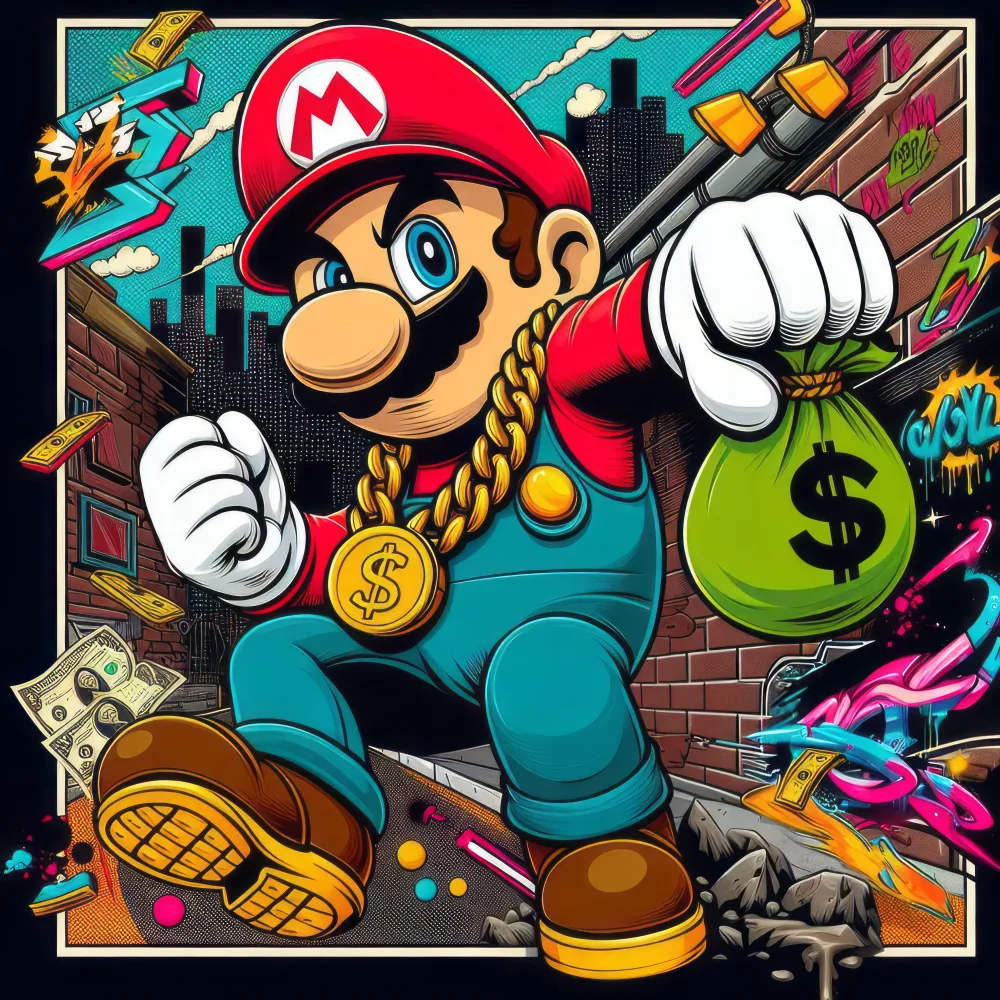 Street Art Style Mario Character with Money Bag and Chains