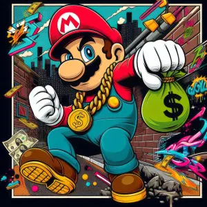 Street Art Style Mario Character with Money Bag and Chains