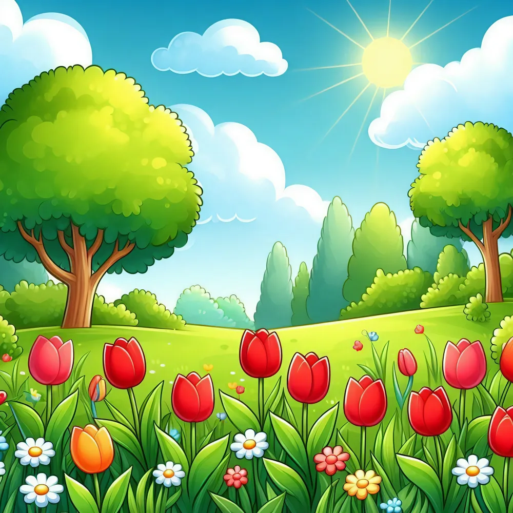 Bright Sunny Spring Day with Tulip Flowers and Trees in Cartoon