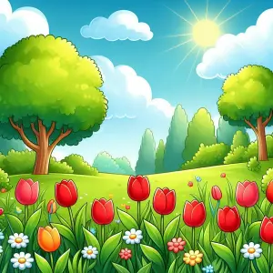 Bright Sunny Spring Day with Tulip Flowers and Trees in Cartoon