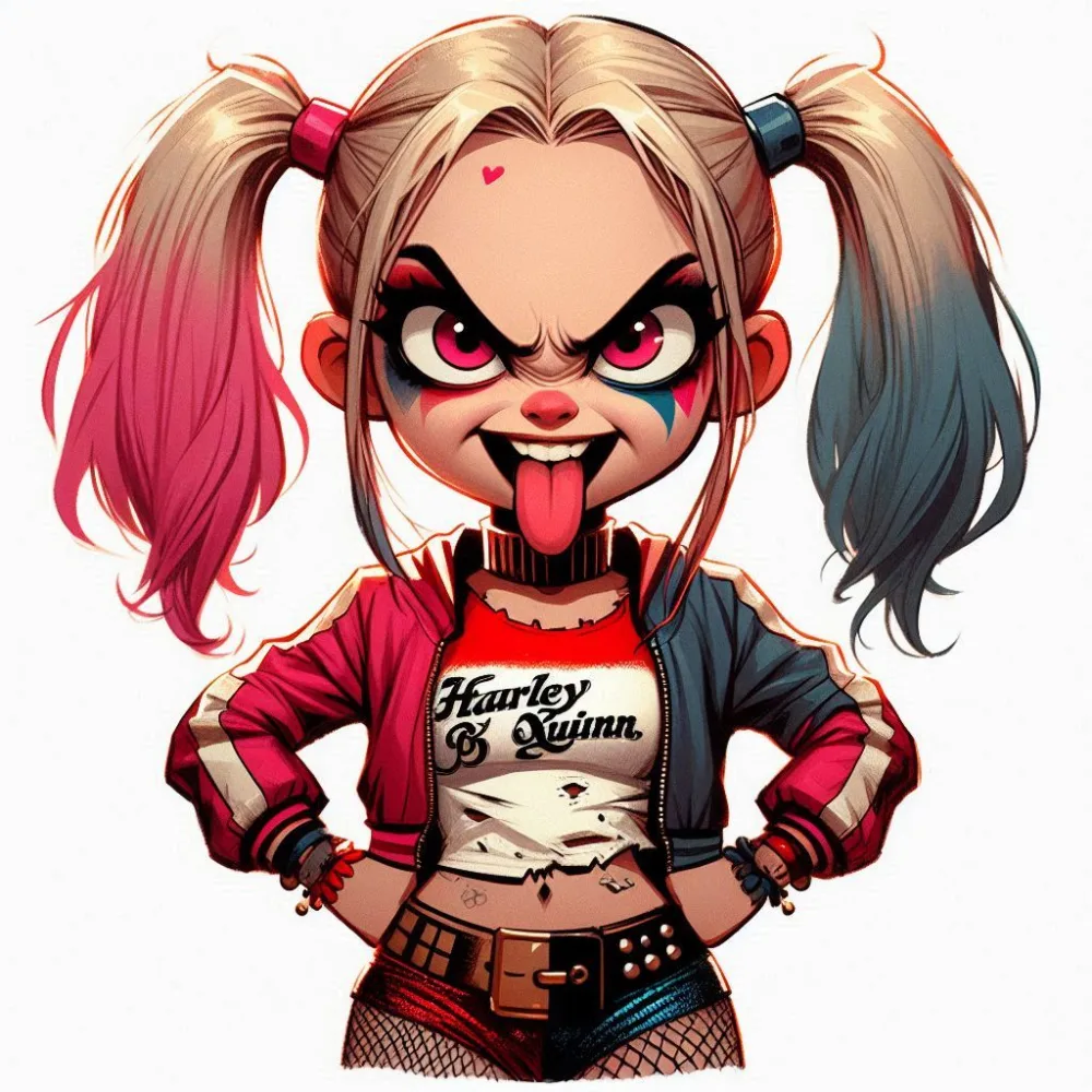 Cartoon Character of Harley Quinn with Pink and Blue Pigtails and Playful Expression