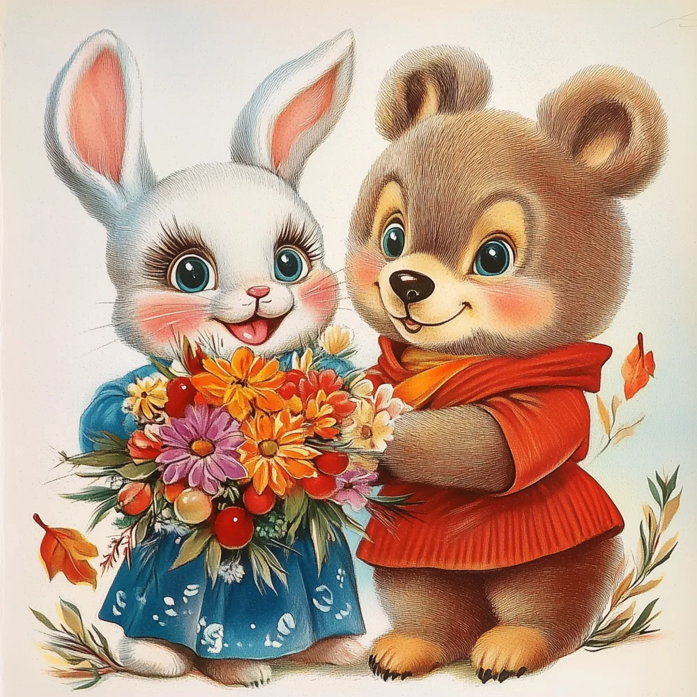 Cute Cartoon Bunny and Bear with Flower Bouquet