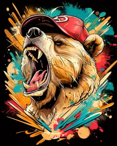 Roaring Bear Wearing Red Cap with Colorful Abstract Background