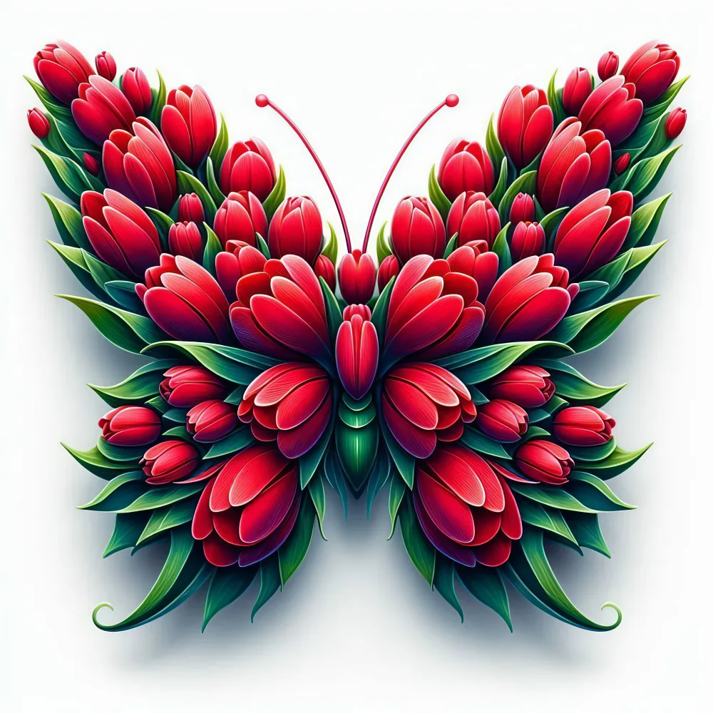 Butterfly Made of Red Flower Petals and Green Leaves